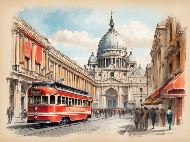 Auf dem Bild ist eine lebhafte Straßenszene mit einer roten Straßenbahn zu sehen, die vor einem beeindruckenden Gebäude mit einer großen Kuppel fährt, das an die St. Paul’s Cathedral in London erinnert. Die Architektur des Gebäudes und die historische Straßenbahn verleihen der Szene eine nostalgische Atmosphäre.
Umgeben von eleganten Straßen mit Menschen in historischen Kleidungsstücken, könnte man in der Nähe kulturelle Highlights wie Museen, Theater oder alte Stadtteile erwarten, die reich an Geschichte sind. Solche Orte bieten oft zusätzliche kulturelle Erlebnisse, wie Kunstausstellungen oder musikalische Aufführungen, die die Stadt lebendig machen.