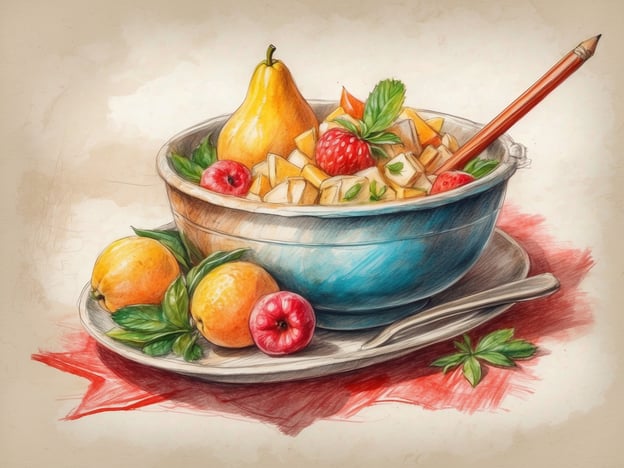 Auf dem Bild ist eine ansprechend gestaltete Obstschale zu sehen, gefüllt mit einer bunten Mischung aus verschiedenen Früchten. In der Schale befinden sich unter anderem Birnen, Erdbeeren und Apfelstückchen, die in harmonischer Kombination angeordnet sind. Um die Schale liegen weitere frische Früchte, wie Zitronen und kleine Äpfel, die das Bild farbenfroh ergänzen.
Kulinarisch gesehen, repräsentiert dieses Gericht gesunde und erfrischende Zutaten, die oft in der mediterranen oder saisonalen Küche Verwendung finden. Obstsalate sind nicht nur eine Freude für den Gaumen, sondern auch eine zarte Hommage an die Natur und ihren Reichtum. Sie können sowohl als Dessert als auch als leichte Mahlzeit genossen werden und laden dazu ein, die Vielfalt und Frische der Natur zu feiern.
Kulturell betrachtet, sind Obst und Gemüse ein zentrales Element in vielen Küchen weltweit, von der französischen Pâtisserie bis hin zur italienischen Cucina. Dieses Bild hinterlässt einen Eindruck von Frische und Leichtigkeit, die mit Genuss und Gesundheit verbunden sind.