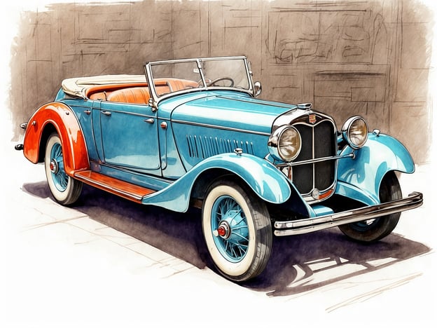 Auf dem Bild ist ein klassisches Cabriolet zu sehen, das durch seine auffällige zweifarbige Lackierung in Blau und Orange hervorsticht.**Ausstellungsstücke und Highlights:**- **Design:** Das Auto hat geschwungene Linien und eine ansprechende Form, die typisch für Fahrzeuge der 1930er Jahre ist.- **Offenes Dach:** Der convertible Charakter ermöglicht ein besonderes Fahrvergnügen an schönen Tagen.- **Felgen:** Die Speichenräder mit dem charakteristischen Radkappen-Design runden das Vintage-Aussehen ab.- **Innenraum:** Der Innenraum scheint mit braunem Leder ausgestattet zu sein, was den Eindruck von Eleganz und Stil verstärkt.Insgesamt vermittelt das Auto ein Gefühl von Nostalgie und handwerklicher Qualität.