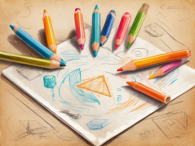 Auf dem Bild sehen wir einen bunten Stiftkreis um ein Blatt Papier. Auf dem Blatt sind verschiedene Zeichnungen zu sehen, wie zum Beispiel eine orangefarbene Form und andere bunte Skizzen.Für Kinder ist das eine tolle Möglichkeit, kreativ zu sein! Sie können lernen, dass Zeichnen und Malen eine schöne Art ist, ihre Gefühle auszudrücken und ihrer Fantasie freien Lauf zu lassen. Das Nutzen verschiedener Farben kann ihnen helfen, Farben zu erkennen und zu mischen. Außerdem ist es eine gute Gelegenheit, gemeinsam mit Freunden oder Familie zu malen und dabei Teamarbeit und Kommunikation zu üben.Also, schnapp dir ein paar Farben und lass deiner Kreativität freien Lauf! Was möchtest du heute zeichnen?