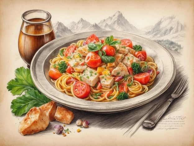 Auf dem Bild ist ein ansprechender Teller mit Pasta zu sehen, der reichhaltig mit frischem Gemüse, wie Tomaten und Brokkoli, sowie kleingeschnittenem Hühnerfleisch dekoriert ist. Dazu gibt es ein Glas eines dunklen Getränks, möglicherweise Bier oder Most. Die Schönheit der Präsentation und die Vielfalt der Zutaten spiegeln die kulinarische Kreativität wider.
Die Vielfalt der Südtiroler Küche entdecken zeigt sich hier in der Kombination von traditionellen und frischen Zutaten, die einfach und geschmackvoll zubereitet sind.