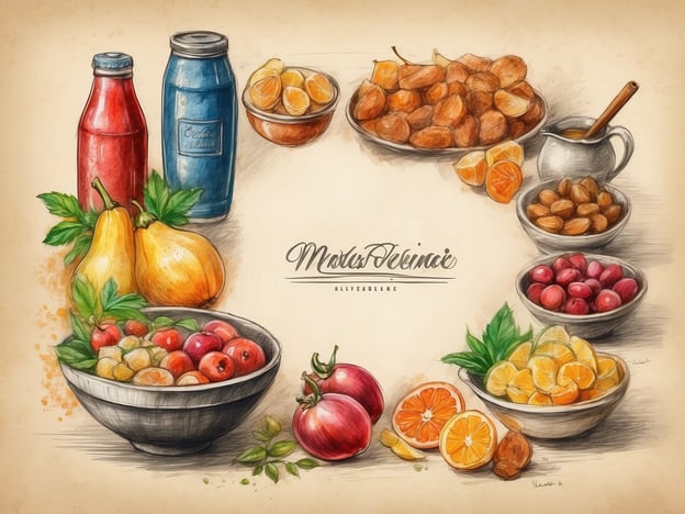 Auf dem Bild sind vielfältige Obst- und Gemüseangebote sowie einige Getränke zu sehen, die in einer ansprechenden, künstlerischen Anordnung präsentiert sind.
In der Mitte erkennt man eine Schüssel mit einer bunten Auswahl an Früchten, darunter Äpfel, Trauben und Klementinen. Diese saisonalen Früchte sind nicht nur frisch, sondern können auch für regionale Spezialitäten wie selbstgemachte Obstsalate oder Marmelade verwendet werden. Insbesondere in der Süddeutschen Küche sind Klementinen beliebt für die Zubereitung von Glühwein in der Winterzeit.
Außerdem gibt es eine Auswahl an nussigen Snacks – eine tolle Ergänzung zu einem gemütlichen Abend mit Freunden. In vielen deutschen Regionen, speziell im Rheinland, sind geröstete Mandeln und Haselnüsse ein beliebter Snack auf Weihnachtsmärkten.
Die Flaschen im Hintergrund könnten Säfte oder Sirupe sein, die oft aus lokalen Obstsorten hergestellt werden. Ein Geheimtipp ist hier der selbstgemachte Holundersirup, der hervorragend mit Mineralwasser aufgegossen wird und frischen Lemonaid-Impressionen ein ganz neues Geschmacksniveau verleiht.
Zusammengefasst zeigt das Bild eine köstliche Auswahl an lokalen und regionalen Produkten, die in der deutschen Küche vielseitig verwendet werden können.