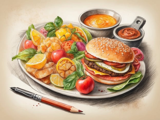 Auf dem Bild ist ein abwechslungsreiches und schmackhaftes Gericht zu sehen. Hauptbestandteil ist ein saftiger Burger, der auf einem warmen Sesam-Brötchen serviert wird. Der Burger ist reich belegt mit frischen Zutaten wie Käse, Salat, Tomaten und Gurken.
Rund um den Burger finden sich knusprige Pommes in verschiedenen Formen, die für herzhaften Genuss sorgen. Dazu gibt es eine bunte Auswahl an frischen Früchten, darunter Zitronen, Äpfel und aromatische Mangos, die dem Gericht eine süße und frische Note verleihen.
Als Beilagen sind zwei verschiedene Saucen vorhanden: eine cremige Suppe und eine würzige Sauce, die sicherlich für jeden Geschmack etwas bieten. Dieses Gericht vereint herzhaftes Fast Food mit gesunden und fruchtigen Akzenten und bietet somit eine gelungene Mischung für feine Gaumen!