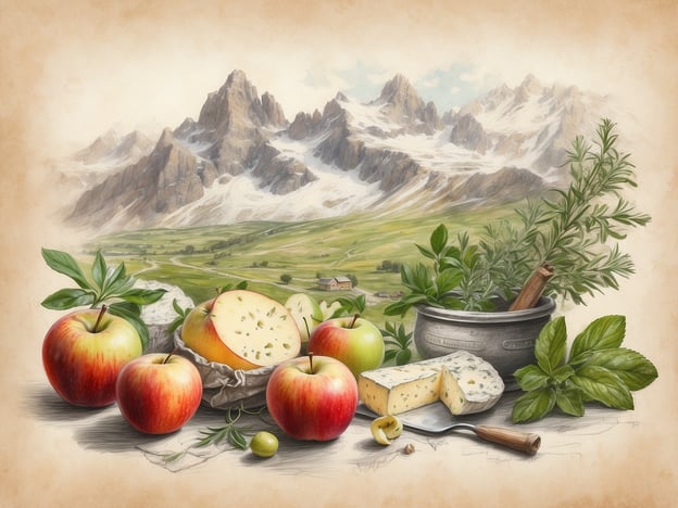 Auf dem Bild sind verschiedene Zutaten zu sehen, die typisch für Südtirol sind. Im Vordergrund liegen äpfeltypische Südtiroler Äpfel, die für ihre Süße und Frische bekannt sind. Zudem sind verschiedene Käsesorten, möglicherweise einem typischen Südtiroler Käse wie Graukäse oder Almkäse.
Darüber hinaus sind frische Kräuter, wie etwa Thymian und Salbei, zu sehen, die in der regionalen Küche häufig verwendet werden. Der Hintergrund zeigt eine wunderschöne Berglandschaft der Dolomiten, die die malerische Kulisse Südtirols unterstreicht. Diese Zutaten spiegeln die kulinarische Tradition und die naturnahe Landwirtschaft der Region wider.