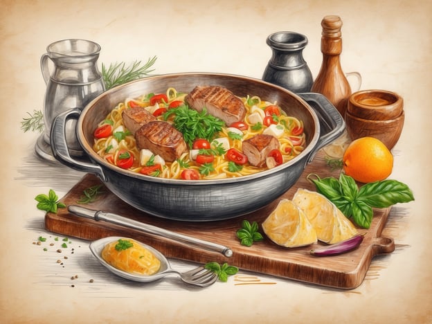 Auf dem Bild ist ein Gericht zu sehen, das aus Pasta, Stückchen von Fleisch, Gemüse und Kräutern besteht. Dies erinnert an einige köstliche südtiroler Rezepte, die du nachkochen kannst.
Hier sind zwei beliebte Rezepte aus Südtirol:
1. **Schlachtplatte (Südtiroler Speckplatte)**:
- Zutaten: Südtiroler Speck, Kaminwurz, Käse (z.B. Grana), Radicchio, Brot, eingelegtes Gemüse.
- Zubereitung: Die verschiedenen Fleisch- und Käsesorten auf einem Teller anrichten. Dazu frisches Brot und eingelegtes Gemüse servieren.
2. **Pasta mit Speck und Erbsen**:
- Zutaten: Pasta, Südtiroler Speck, Erbsen, Zwiebel, Sahne, Parmesan.
- Zubereitung: Zwiebel anbraten, Speck hinzufügen und kurz mitbraten. Erbsen und Sahne dazugeben und alles köcheln lassen. Die gekochte Pasta untermischen und mit Parmesan bestreuen.
Beide Rezepte spiegeln die herzhaften und reichhaltigen Aromen der südtiroler Küche wider. Guten Appetit!