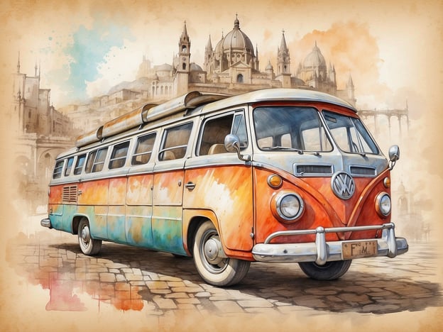 Auf dem Bild ist ein farbenfroher Volkswagen-Bus zu sehen, der auf einem gepflasterten Weg steht. Im Hintergrund erkennt man beeindruckende architektonische Elemente, die an historische Gebäude oder eine Stadtlandschaft erinnern. Der VW-Bus, bekannt für sein Vintage-Design, strahlt ein Gefühl von Nostalgie und Abenteuer aus.
Dieser Anblick kann einen inspirieren, kulturelle Entdeckungen zu machen, indem man sich vorstellt, wie es wäre, mit einem solchen Fahrzeug auf Roadtrips zu gehen und verschiedene Städte oder Sehenswürdigkeiten zu erkunden. Der Bus symbolisiert Reisefreude und das Entdecken neuer Orte – eine hervorragende Gelegenheit, verschiedene Kulturen, ihre Traditionen und Geschichte kennenzulernen.