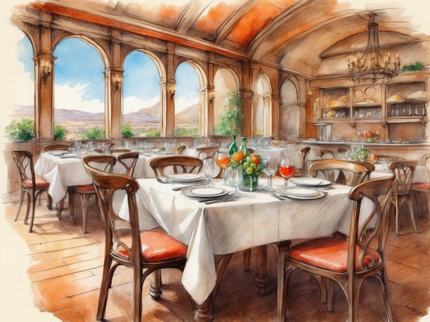 Auf dem Bild ist ein elegantes Restaurant zu sehen, das eine einladende Atmosphäre ausstrahlt. Die Tische sind schön gedeckt, und große Fenster bieten einen Blick auf die Landschaft. Kulinarische Highlights genießen könnte hier besonders gut zur Geltung kommen, da die Einrichtung und das Ambiente perfekt für ein feines Dining-Erlebnis gestaltet sind. Der Raum ist mit stilvollen Stühlen und einer gemütlichen Beleuchtung ausgestattet, was zu einem harmonischen Gesamteindruck beiträgt.