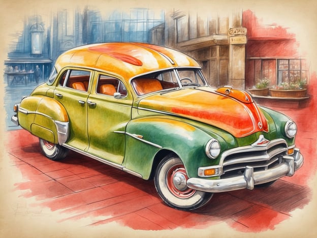 Auf dem Bild ist ein farbenfrohes, vintage Auto zu sehen, das an die 1950er Jahre erinnert. Es hat eine einzigartige Farbgestaltung in leuchtenden Tönen von Orange und Grün. Das Auto steht vor einer städtischen Kulisse, die eine nostalgische Atmosphäre vermittelt.
In einer Welt, in der authentische Kulinarik genossen wird, könnte solch ein Auto nostalgische Erinnerungen an Fahrten zu lokalen Märkten oder beschaulichen Restaurants wecken, wo traditionelle Gerichte mit frischen, lokalen Zutaten serviert werden.