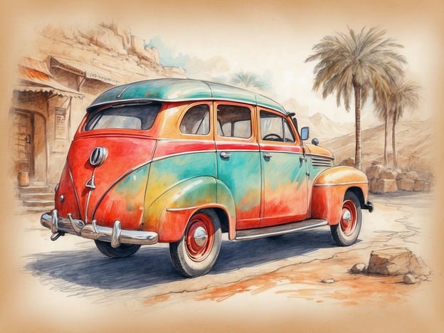 Auf dem Bild ist ein farbenfroher Oldtimer zu sehen, der in einer wüstenähnlichen Landschaft steht. Der Wagen hat eine auffällige rot-grüne Lackierung und wirkt nostalgisch, fast wie aus einer anderen Zeit. Im Hintergrund sind Palmen und trockene Berglandschaften, die eine interessante Kulisse bilden.
Wenn du die Atmosphäre eines solchen Ortes erleben möchtest, denke darüber nach, einen Roadtrip durch historische Wüstenstädte zu machen. Viele dieser Orte haben liebevoll restaurierte Oldtimer und eine reiche Kulturgeschichte. Besuche lokale Märkte und probiere traditionelle Gerichte – das ist ein echter Geheimtipp, um das authentische Lebensgefühl zu erfahren!