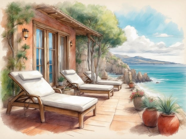 Auf dem Bild ist eine entspannende Terrasse zu sehen, die einen wunderschönen Blick auf das Meer bietet. Es gibt mehrere Liegestühle, die perfekt geeignet sind, um sich zu sonnen und zu entspannen. Neben den Liegen stehen einige Pflanzen in Töpfen, die eine angenehme Atmosphäre schaffen.Aktivitäten für Erholungssuchende könnten hier sein:1. **Sonnenbaden**: Einfach die Sonne genießen und sich entspannen.2. **Lesen**: Ein gutes Buch mitbringen und in Ruhe auf den Liegen lesen.3. **Meditation**: Die Ruhe und den Blick auf das Wasser nutzen, um zu meditieren oder Yoga zu praktizieren.4. **Kaffee oder Tee genießen**: Sich eine Tasse Kaffee oder Tee machen und die frische Meeresbrise genießen.5. **Fotografieren**: Die schöne Umgebung festhalten und Erinnerungen schaffen.Diese Umgebung lädt dazu ein, sich eine Auszeit vom Alltag zu gönnen und die Natur zu genießen.