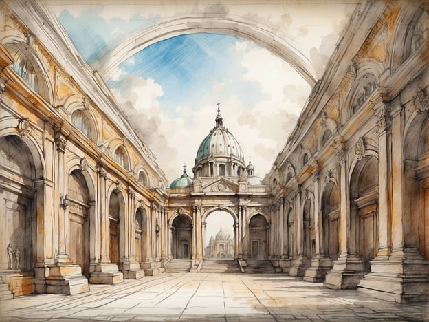 Auf dem Bild ist eine beeindruckende architektonische Darstellung eines Innenhofs mit großen bogenförmigen Arkaden zu sehen. Der Hintergrund zeigt eine elegante Kuppel, die auf eine bedeutende Kirche oder Kathedrale hindeutet, möglicherweise inspiriert von der Peterskirche im Vatikan, die ein Meisterwerk der Hochrenaissance ist.
Die kunstvolle Gestaltung der Säulen und die feinen Details der Architektur reflektieren den Reichtum an Kultur und Geschichte, die in solchen Bauwerken zu finden sind. Solche Plätze sind häufig Schauplätze von religiösen und kulturellen Ereignissen, die Besucher aus aller Welt anziehen. Die Stimmung des Bildes vermittelt einen Eindruck von Erhabenheit und zeitloser Schönheit, was typisch für die Renaissance-Architektur ist.