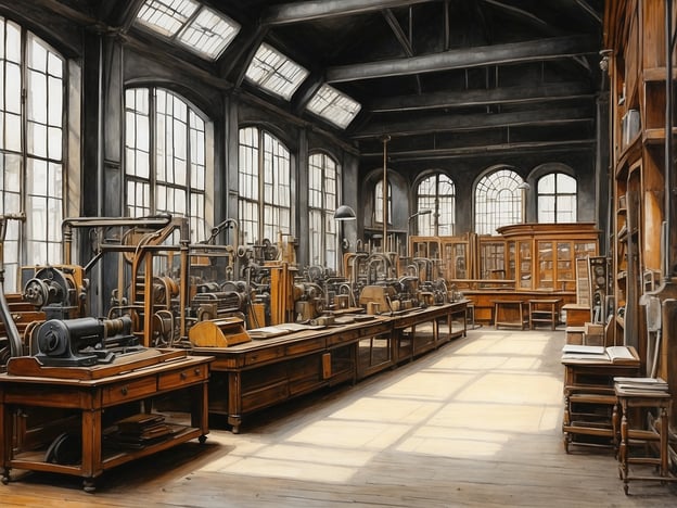 Auf dem Bild ist eine historische Werkstatt oder ein Labor zu sehen, das mit verschiedenen Maschinen und Werkbänken ausgestattet ist. Die großen Fenster lassen viel Licht herein und schaffen eine helle Atmosphäre. Diese Art von Raum könnte Teil eines Museums sein, das sich mit der Geschichte der Technik oder Ingenieurkunst beschäftigt.In solch einem Museum könnten Besucher die Entwicklung von Maschinen und Werkzeugen im Laufe der Zeit nachvollziehen. Oft werden in solchen Ausstellungen die Technologien gezeigt, die die industrielle Revolution geprägt haben. Hier könnten Informationen über die Herstellung und Nutzung der Geräte bereitgestellt werden, um das Verständnis für die technischen Fortschritte der vergangenen Jahrhunderte zu fördern.