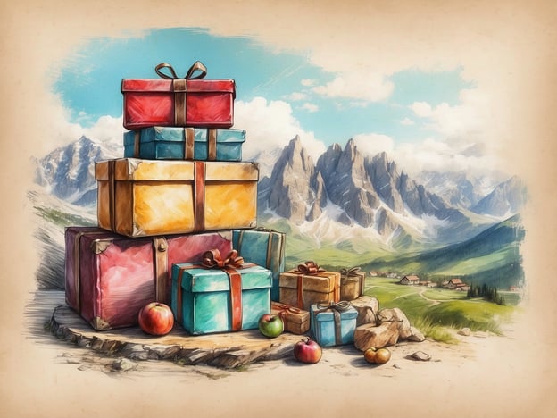 Auf dem Bild sind bunte Geschenke zu sehen, die auf einem Felsen in einer malerischen Berglandschaft stehen. Diese Szenerie erinnert an Genuss- und Erlebnisgeschenke aus Südtirol, wie zum Beispiel:
1. **Weinproben**: Erleben Sie die hervorragenden Weine Südtirols bei einer geführten Verkostung in einem der vielen Weingüter.
2. **Kochkurse**: Lernen Sie die regionale Küche kennen und bereiten Sie traditionelle Gerichte unter Anleitung von Experten zu.
3. **Wanderungen**: Genießen Sie geführte Wanderungen durch die atemberaubenden Dolomiten, die eine einzigartige Landschaft bieten.
4. **Wellness-Wochenenden**: Entspannen Sie in einem der vielen luxuriösen Wellnesshotels mit Blick auf die Berge.
Diese Erlebnisse sind ideale Geschenke, die die Schönheit und Kultur Südtirols feierlich hervorheben.