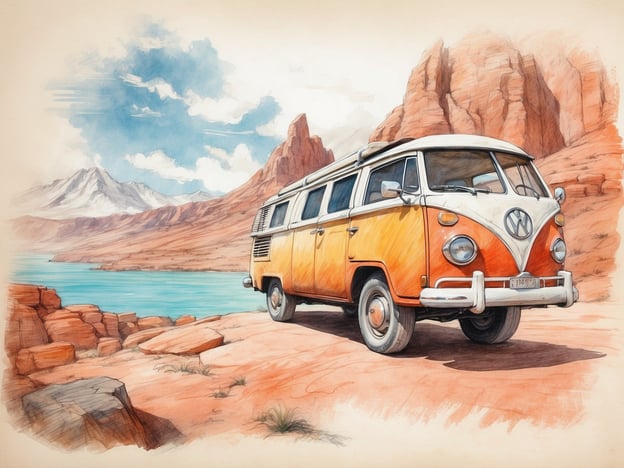 Auf dem Bild ist ein ikonischer VW-Bus, der in einer atemberaubenden Landschaft parkt. Im Hintergrund erstrecken sich majestätische Berge und ein glitzernder See, umgeben von roter Felsformation. Dies ist der perfekte Ort für Abenteuer und Genuss.Hier könnten Abenteurer:- **Wanderungen** in der Umgebung unternehmen und die Natur erkunden.- **Fototouren** machen, um die beeindruckenden Ausblicke festzuhalten.Genießer könnten:- Ein **Picknick** am See genießen und die frische Luft erleben.- **Sonnenuntergänge** vor der beeindruckenden Kulisse bewundern und entspannen.Die Szenerie lädt dazu ein, die Ruhe und Schönheit der Natur in vollen Zügen zu genießen!