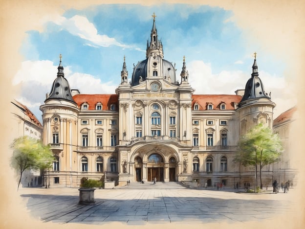 Das Bild zeigt eine prächtige historische Gebäudeansicht mit einer beeindruckenden Fassade und mehreren Türmen. Die Architektur ist im Barockstil gehalten, mit reich verzierten Fenstern und einem großen zentralen Eingang. Vor dem Gebäude ist ein weitläufiger Platz mit einigen Bäumen und Menschen, die sich bewegen. Der Himmel ist blau mit einigen Wolken, was eine helle und einladende Atmosphäre schafft.