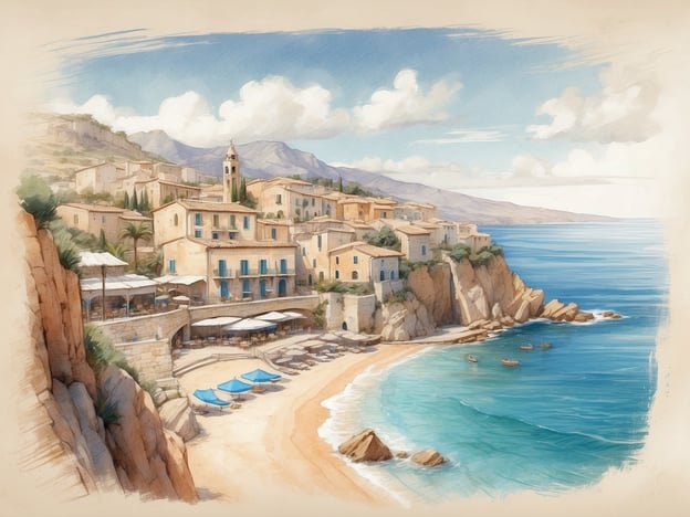 Auf dem Bild ist eine malerische Küstenlandschaft zu sehen, die an die toskanische Küste erinnert. Dazu gehören eine kleine Stadt oder ein Dorf mit hellen Gebäuden, die an einer Küste mit Blick auf das blaue Meer liegen. Sandstrände, entspannende Liegen und einige Boote im Wasser machen die Szene besonders einladend.Wenn du die schönsten Campingplätze an der toskanischen Küste erkunden möchtest, gibt es viele Optionen, die eine atemberaubende Aussicht und Zugang zu diesen idyllischen Stränden bieten. Plätze wie "Camping Village Torre Pendente" oder "Il Poggetto" sind nur einige der Alternativen, die dir eine Kombination aus Natur und Komfort bieten.