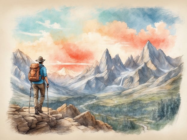 Auf dem Bild ist ein Wanderer zu sehen, der auf einem Aussichtspunkt steht und die beeindruckende Berglandschaft betrachtet. Die Szenerie zeigt hohe, majestätische Berge, die unter einem leicht bewölkten Himmel mit roten und blauen Farbtönen liegen.In der Umgebung könnten vielfältige Aktivitäten stattfinden: Wandern auf den zahlreichen Wanderwegen, Klettern an den Felswänden oder einfach die Natur bei einem Picknick genießen. Zudem könnten in der Region malerische Seen sein, die zu Erkundungen einladen, sowie Möglichkeiten zum Radfahren oder zur Tierbeobachtung. Die frische Bergluft und die atemberaubenden Ausblicke machen diese Gegend zu einem idealen Ziel für Naturliebhaber.