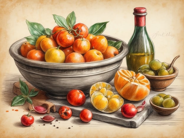 Auf dem Bild sind frische Früchte und Olivenöl zu sehen, die an die toskanische Küche erinnern. Die Toskana ist bekannt für ihre köstlichen Zutaten, die in vielen Gerichten verwendet werden.Kulinarische Highlights sind zum Beispiel:- **Pici**: Selbstgemachte Nudeln, oft mit Knoblauch und Olivenöl serviert.- **Cecina**: Ein Kichererbsenteig, der in einem Holzofen gebacken wird.- **Bruschetta**: Mit frischen Tomaten, Basilikum und hochwertigem Olivenöl belegt.- **Fichi**: Feigen, die in der Region häufig gegessen oder zu Marmelade verarbeitet werden.- **Olivenöl**: Ein Grundpfeiler der toskanischen Küche, bekannt für seine hohe Qualität.Die frischen Früchte und das Olivenöl auf dem Bild könnten eine inspirierende Basis für viele dieser traditionellen Gerichte darstellen.