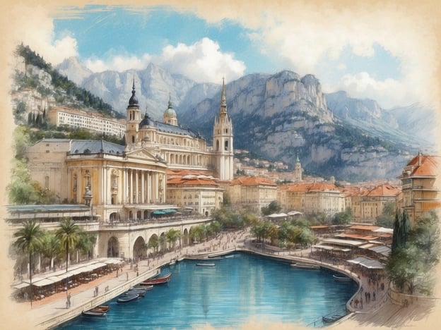Auf dem Bild ist eine malerische Uferpromenade mit einem klaren blauen Gewässer zu sehen. Im Hintergrund erheben sich majestätische Berge, während im Vordergrund historische Gebäude mit beeindruckender Architektur stehen, darunter eine große Säulenfront und spitze Türme. Die Umgebung ist lebhaft mit Menschen, die spazieren gehen, sowie Restaurants und Cafés, die im Freien Tische haben. Um das Wasser liegen einige kleine Boote. Die gesamte Szene strahlt eine gemütliche und einladende Atmosphäre aus, die an Europas charmante Städte erinnert. Warum heißt München Monaco? Die Ähnlichkeit in der Atmosphäre und der eleganten Architektur beider Städte, auch wenn sie geografisch weit auseinanderliegen, könnte ein Grund für diesen Vergleich sein.