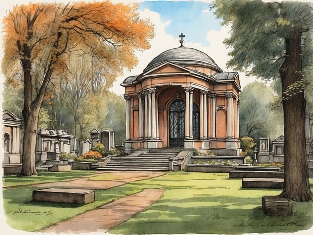 Das Bild zeigt ein Gebäude, das vermutlich ein Mausoleum oder eine Kapelle auf einem Friedhof darstellt, umgeben von einer parkähnlichen Landschaft mit Bäumen und Grabstätten.In Bezug auf die Geschichte des Ohlsdorfer Friedhofs in Hamburg kann man sagen, dass dieser als einer der größten Parkfriedhöfe der Welt gilt und eine bedeutende Grabstätte für viele prominente Persönlichkeiten ist. Der Friedhof wurde 1877 eröffnet und zeichnet sich durch seine harmonische Landschaftsgestaltung, architektonisch interessante Grabmale und eine Vielzahl von pflanzlichen Elementen aus.Das dargestellte Gebäude könnte ein Beispiel für die architektonische Vielfalt und den historischen Reichtum widerspiegeln, die den Ohlsdorfer Friedhof prägen. In diesem Kontext steht es für die Erinnerung und die Ehrung der Verstorbenen, die dort ihre letzte Ruhe gefunden haben.