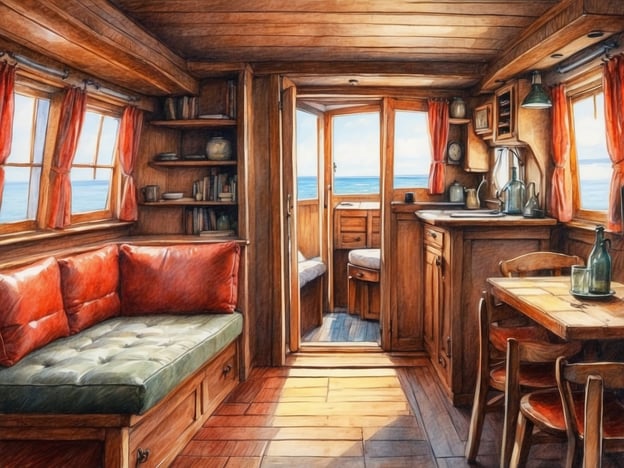 Das Bild zeigt eine gemütliche Kabine auf einem Schiff mit einem Holzboden und holzverkleideten Wänden. Auf der linken Seite befindet sich eine Sitzecke mit roten Kissen und einer grünen Liegefläche. Rechts steht ein Tisch mit Stühlen, auf dem ein Glas und eine Flasche platziert sind. Im Hintergrund sind Fenster mit roten Vorhängen, die einen Blick auf das Meer ermöglichen. Eine offene Tür führt zu einem weiteren Raum, der mit einer kleinen Küchenzeile ausgestattet ist. Die gesamte Atmosphäre wirkt einladend und maritim.