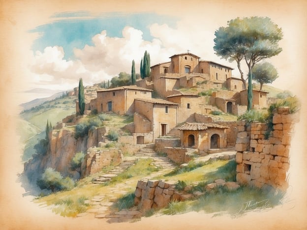 Auf dem Bild sieht man eine malerische Landschaft mit einer Gruppe von alten, steinernen Häusern, die sich an einem Hang befinden. Diese Art von Architektur erinnert an die kleinen Dörfer in der Maremma, einer Region in der Toskana, die für ihre beeindruckenden Landschaften und historischen Stätten bekannt ist.Die Maremma ist berühmt für ihre unberührte Natur, charmanten Dörfer und kulturellen Highlights wie die etruskischen Ruinen von Sovana oder Pitigliano, das oft als "kleines Jerusalem" bezeichnet wird. Die Region ist auch reich an Gastronomie, bekannt für lokale Weine und traditionelle Gerichte wie „Pici“ und „Cinghiale“. Die sanften Hügel und Olivenhäne ergänzen das Bild der malerischen Umgebung.