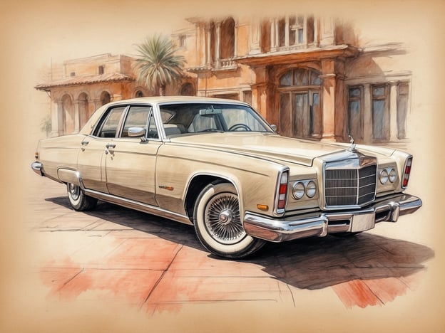 Auf dem Bild ist ein klassischer, cremefarbener Luxuswagen zu sehen, der auf einer gepflasterten Fläche parkt. Der Wagen hat eine elegante Form mit auffälligen Chromdetails und weißen Reifen. Im Hintergrund sind architektonische Elemente eines Gebäudes sowie Palmen zu erkennen, die eine entspannte Atmosphäre vermitteln. Das gesamte Bild hat einen künstlerischen, handgezeichneten Stil.