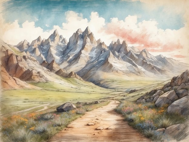 Auf dem Bild ist eine malerische Landschaft mit majestätischen Bergen, die prominent im Hintergrund stehen. Im Vordergrund schlängelt sich ein Wanderweg durch eine grüne Wiese, die mit bunten Blumen gespickt ist.In dieser Umgebung könnten verschiedene Aktivitäten stattfinden, wie Wandern, Bergsteigen oder Radfahren auf den zahlreichen Wegen. Auch das Erkunden der Natur und der Tierwelt wäre ein wunderbares Erlebnis. Die beeindruckenden Berge bieten zudem ausgezeichnete Möglichkeiten für Fotografie und Naturbeobachtungen. Zudem könnte man örtliche Sehenswürdigkeiten, wie Aussichtspunkte oder Naturparks, besuchen, um die Landschaft noch besser genießen zu können.