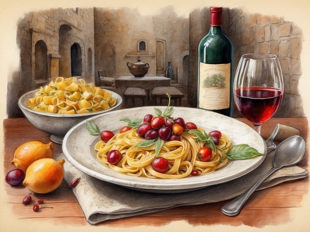 Auf dem Bild sind einige kulinarische Highlights der Toskana zu sehen. Im Vordergrund befindet sich ein Teller mit frischer Pasta, die möglicherweise mit einer Tomatensoße oder einfach mit etwas Olivenöl und frischem Basilikum serviert wird.Neben dem Pasta-Gericht sind auch Tortellini zu erkennen, die eine beliebte Spezialität in der Region sind. Die Garnierung mit roten Früchten zeigt sowohl die Fülle an regionalen Zutaten als auch die Vorliebe für frische, einfache Aromen.Im Hintergrund steht eine Flasche toskanischen Wein, wahrscheinlich ein Chianti, der perfekt zu den Gerichten passt, und ein Glas Wein, das diese Mahlzeit abrundet. Früchte und aromatische Kräuter unterstreichen die mediterrane Küche, die für ihre Aromen und Vielfalt bekannt ist.