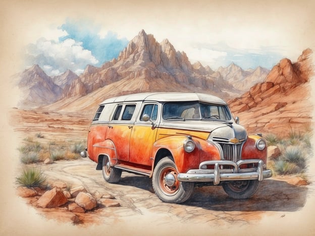 Auf dem Bild ist ein nostalgischer Kombi in einer malerischen Wüstenlandschaft zu sehen, umgeben von majestätischen Bergen und einer sanften, wolkigen Aussicht.**Geheime Geheimtipps für unvergessliche Erlebnisse:**1. **Roadtrip planen**: Nutze einen alten Kombi für einen Roadtrip durch Nationalparks. Halte an abgelegenen Orten, um die Schönheit der Natur in Ruhe zu genießen.2. **Picknick in der Natur**: Packe ein Picknick mit lokalen Leckereien und genieße es an einem malerischen Aussichtspunkt oder in einer einsamen Bucht.3. **Fotografie**: Mache unvergessliche Fotos, während die Sonne aufgeht oder untergeht. Das Licht der goldenen Stunde macht jede Landschaft besonders magisch.4. **Low-Tech-Erlebnisse**: Lass elektronische Geräte hinter dir. Entdecke die Umgebung mit einer Wanderkarte oder einem Kompass und genieße das Abenteuer.5. **Lokale Kultur entdecken**: Besuche kleine, traditionelle Dörfer auf deinem Weg und lerne die Geschichten und Bräuche der Ansässigen kennen.Diese Tipps können deine Erlebnisse während deiner Reisen noch unvergesslicher machen!