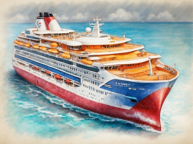 Ein farbenfrohes Kreuzfahrtschiff fährt durch das türkisfarbene Wasser. Es hat mehrere Decks mit orangen Sonnenliegen und einem hellen Oberdeck. Die Bugpartie ist in kräftigem Rot mit weißen und blauen Akzenten gestaltet. Über dem Schiff sind einige Wolken sichtbar, die eine entspannende Atmosphäre schaffen. Im Hintergrund sind sanfte Wellen zu sehen, die das Schiff umgeben.