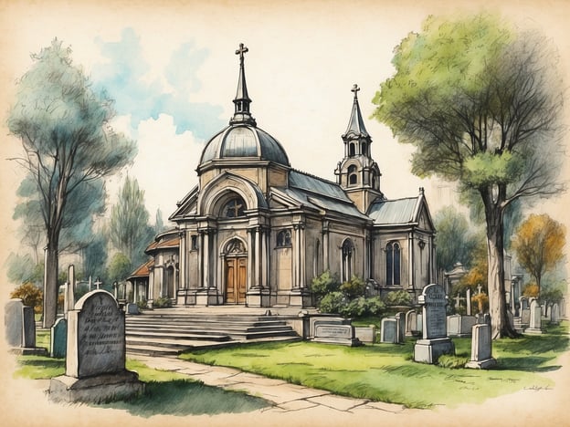 Auf dem Bild ist eine eindrucksvolle Kapelle zu sehen, die sich auf einem Friedhof befindet. Die Architektur des Gebäudes ist im klassischen Stil gehalten, mit klaren Linien und symmetrischen Formen. Besonders hervorzuheben sind die zwei Türme und das kuppelartige Dach, die dem Gebäude eine majestätische Ausstrahlung verleihen.Die Fassade ist reich gestaltet, mit großen Fenstern, die Licht in den Innenraum lassen. Der Zugang zur Kapelle erfolgt über eine breite Treppe, die auf die Eingangstüren führt, was den Eindruck von Erhabenheit verstärkt. Um das Gebäude herum sind gepflegte Rasenflächen und viele Grabsteine verteilt, die einen ruhigen und respektvollen Eindruck des Friedhofs vermitteln. Die Umgebung wird durch hochgewachsene Bäume und Sträucher noch zusätzlich aufgewertet, was dem Ort eine friedliche Atmosphäre verleiht.