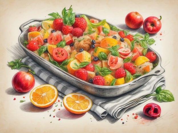 Auf dem Bild ist eine bunte Schüssel mit einer leckeren Obstsalatmischung zu sehen. Sie enthält eine Vielzahl von Früchten, wie zum Beispiel:- Erdbeeren- Himbeeren- Heidelbeeren- Orangen- Äpfel- TomatenDie frischen Früchte sind kunstvoll arrangiert und mit etwas grünem Basilikum dekoriert. Daneben liegen frisch geschnittene Orangenscheiben und Äpfel, die das Gesamtbild abrunden. Dieser Obstsalat ist eine köstliche und gesunde Option für Groß und Klein, ideal für warme Tage oder als Dessert!