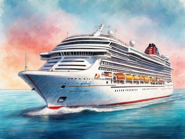 Ein großer Kreuzfahrtschiff fährt durch ruhige Gewässer. Das Schiff hat eine moderne Bauweise mit mehreren Decks und großen Fenstern. Auf der Seite des Schiffs sind bunte Balkone zu sehen, die für Passagiere ausgelegt sind. Im Hintergrund ist ein Himmel mit sanften Farbverläufen von Blau zu Rosa, was eine entspannende Stimmung erzeugt. Die Wellen spritzen leicht an die Vorderseite des Schiffs, während es elegant durch das Wasser gleitet.