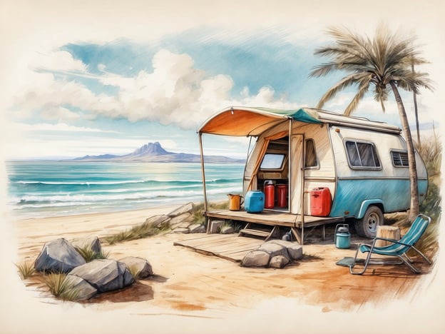 Auf dem Bild ist ein Campingplatz am Meer zu sehen, mit einem kleinen Wohnwagen und einer wunderschönen Aussicht auf den Strand und das Wasser. Hier sind einige Tipps für das perfekte Camping-Abenteuer am Meer:1. **Standortwahl**: Wähle einen Campingplatz in der Nähe des Wassers, um die beste Aussicht und einfachen Zugang zum Strand zu haben.2. **Ausrüstung**: Stelle sicher, dass du die richtige Campingausrüstung dabei hast, wie ein bequemes Zelt oder einen Wohnwagen, Schlafsäcke, Kochausrüstung und ausreichend Kühlgeräte für Lebensmittel und Getränke.3. **Sonnenschutz**: Vergiss nicht, Sonnencreme aufzutragen und einen Sonnenschirm oder eine Plane mitzunehmen, um Schatten zu spenden.4. **Wassersport**: Plane Aktivitäten wie Schwimmen, Schnorcheln oder Kajakfahren, um das Meer in vollen Zügen zu genießen.5. **Natur erleben**: Nutze die Gelegenheit, die Umgebung zu erkunden. Mache Strandspaziergänge oder erkunde die angrenzenden Wanderwege.6. **Abendliche Unterhaltung**: Bring Spiele, ein Buch oder eine Gitarre mit, um die Abende am Lagerfeuer zu genießen und eine schöne Atmosphäre zu schaffen.7. **Respektiere die Natur**: Achte darauf, deinen Müll zu entsorgen und die Natur zu respektieren, um die Schönheit des Ortes zu bewahren.Mit diesen Tipps wird dein Camping-Abenteuer am Meer sicher unvergesslich!