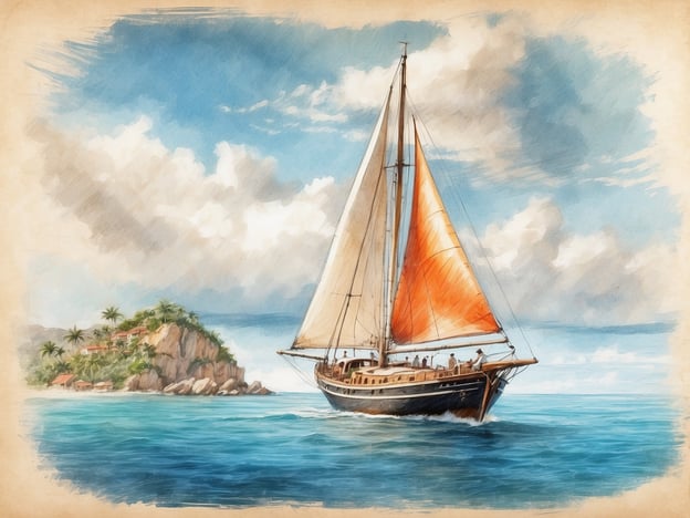 Eine elegante Segelyacht mit weißen und orangeroten Segeln fährt durch kristallklares Wasser, während im Hintergrund eine tropische Insel mit üppigem Grün und kleinen roten Dächern zu sehen ist. Der Himmel ist blau mit einigen großen, weichen Wolken. Die Szenerie vermittelt ein Gefühl von Entspannung und Abenteuer, ideal für Kreuzfahrtliebhaber im Monat März.