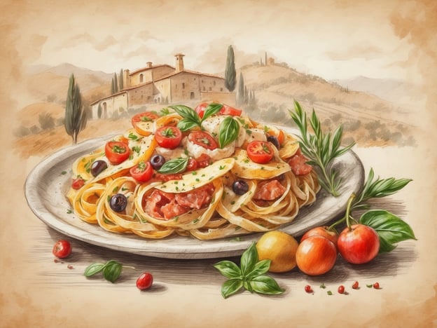 Auf dem Bild ist eine köstliche Portion Pasta zu sehen, die häufig in der toskanischen Küche vorkommt. Die Pasta ist mit frischen Tomaten, Oliven und Kräutern, wie Basilikum, garniert, was den mediterranen Charakter der Toskana widerspiegelt. Diese Region ist bekannt für ihre hochwertigen Zutaten, wie sonnengereifte Tomaten und aromatisches Basilikum.Die Kombination von Pasta mit frischen, saisonalen Zutaten ist ein typisches kulinarisches Highlight der Toskana. Zudem könnten die lokal produzierten Oliven und die frischen Kräuter nicht fehlen, die viele toskanische Gerichte verfeinern. Diese Darstellungen laden dazu ein, die Aromen und die Liebe zur italienischen Küche zu genießen!