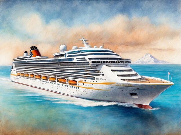Ein majestätisches Kreuzfahrtschiff gleitet über das ruhige Wasser des Ozeans. Die mächtige Silhouette des Schiffes hebt sich klar gegen einen sanften, blauen Himmel ab, der mit leichten Wolken durchzogen ist. Auf dem Schiff sind zahlreiche orangefarbene Rettungsboote zu sehen, die ordentlich in Reihen angebracht sind. Im Hintergrund erhebt sich ein schneebedeckter Berg, der dem Bild eine beeindruckende Kulisse verleiht. Die gesamte Szene strahlt eine Atmosphäre von Abenteuer und Entspannung auf hoher See aus.