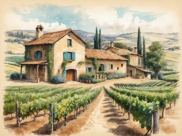 Auf dem Bild ist eine malerische Weinanbauern-Hauslandschaft in der Toskana zu sehen, umgeben von Weinreben und sanften Hügeln. Für eine gelungene Toskana-Rundreise empfehle ich Folgendes:1. **Besuche lokale Weingüter**: Nutze die Gelegenheit, verschiedene Weine zu probieren und mehr über die Weinproduktion zu erfahren.2. **Erkunde historische Städte**: Städte wie Florenz, Siena und Pisa bieten eine Fülle von Geschichte, Kunst und Architektur.3. **Genieße toskanische Küche**: Probiere lokale Spezialitäten wie Ribollita, Bistecca alla Fiorentina oder Pici-Pasta in kleinen Trattorien.4. **Nutze das Auto**: Miete ein Auto, um die atemberaubenden Landschaften und versteckten Dörfer zu entdecken.5. **Plane entspannte Tage**: Nimm dir Zeit, um die Natur zu genießen, sei es bei einem Spaziergang durch die Weinberge oder beim Entspannen in einem Agriturismo.Viel Spaß bei deiner Reise durch die Toskana!