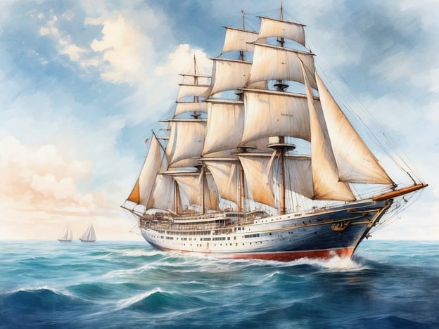 Ein prächtiges Großsegelschiff fährt majestätisch über die sanften Wellen des Ozeans. Die weißen Segel sind anmutig aufgebläht und fangen den Wind ein, während sich das Schiff mit einem Hauch von Geschwindigkeit fortbewegt. Im Hintergrund sind mehrere kleinere Segelboote sichtbar, die ebenfalls in die gleiche Richtung segeln. Der Himmel ist klar und zeigt sanfte Pastelltöne, die auf einen schönen Tag hinweisen. Die gesamte Szenerie strahlt ein Gefühl von Freiheit und Abenteuer aus, perfekt für traumhafte Kreuzfahrten.