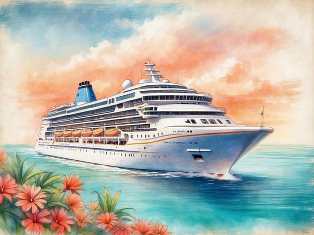 Eine elegante Kreuzfahrt-Yacht fährt über das glitzernde blaue Wasser. Der Himmel ist in sanften Rosa- und Blautönen gefärbt, die eine entspannte Sommeratmosphäre schaffen. Im Vordergrund sind bunte Blumen und grünes Laub zu sehen, die dem Bild einen tropischen Touch verleihen. Das Schiff selbst ist modern und gut gestaltet, mit vielen Decks und Fenstern, die einen Blick auf das Innere des Schiffes ermöglichen.