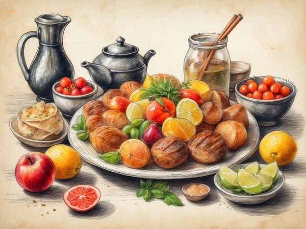 Auf dem Bild ist ein reich gedeckter Tisch mit einer Vielzahl kulinarischer Delikatessen zu sehen. Es gibt frisches Obst, darunter Äpfel, Zitronen und Limetten, die typisch für viele Regionen sind und oft in süßen oder herzhaften Gerichten verwendet werden.Die runden, frischen Tomaten und die bunten Früchte könnten eine Anspielung auf die mediterrane Küche sein, die für ihre frisch zubereiteten Salate und leichten Gerichte bekannt ist. Außerdem gibt es auf dem Tisch Gebäck, das an traditionelle Backwaren erinnert, die man oft in orientalischen oder mediterranen Ländern findet.Ein Krug mit Getränken und eine Teekanne deuten darauf hin, dass hier auch dazu passende Getränke bereitstehen, wie etwa aromatisierter Tee oder frischer Fruchtsaft, die in vielen Regionen eine wichtige Rolle spielen. Ingesamt spiegelt die Anordnung der Speisen die Vielfalt und den Reichtum der regionalen Küche wider.