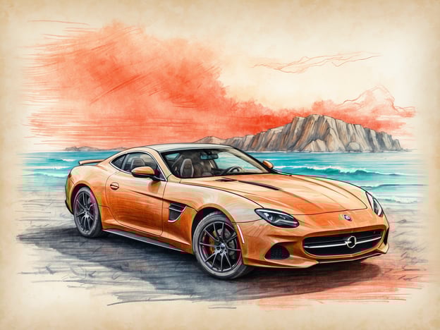 Auf dem Bild ist ein Fahrzeug zu sehen, das künstlerisch dargestellt ist. Es ist ein orangefarbenes Sportauto vor einer Küstenlandschaft mit Meer und Bergen im Hintergrund.Wenn Sie in Heiligenhafen eine Unterkunft suchen, könnten Sie beispielsweise im "Strandhotel Rümsam" oder im "Hotel Neptun" übernachten. Beide bieten eine schöne Lage in der Nähe des Strandes und eine angenehme Atmosphäre für Ihren Aufenthalt.