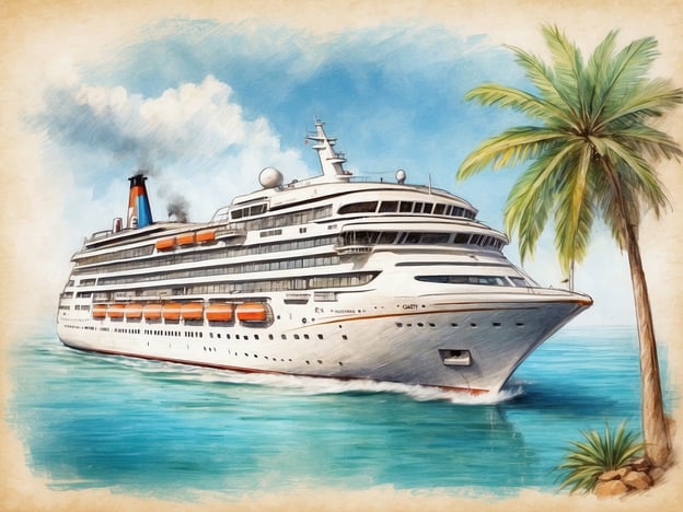Ein großes Kreuzfahrtschiff fährt durch das klare, türkisfarbene Wasser. Es hat mehrere Decks und große Fenster, die den Passagieren einen Blick auf das Meer bieten. An Bord sind auffällige orangefarbene Rettungsboote sichtbar. Im Hintergrund zeigt sich ein heller Himmel mit ein paar Wolken, während im Vordergrund eine palmengesäumte Küste zu sehen ist, die Urlaubsstimmung vermittelt.