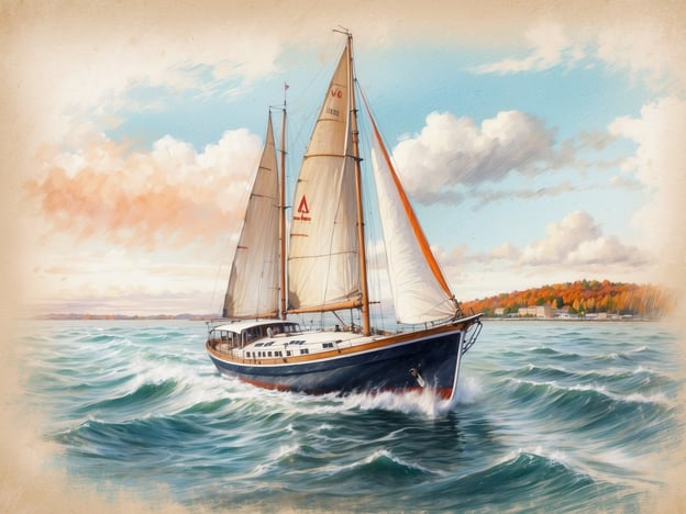 Ein Segelschiff mit weißen Segeln fährt durch unruhiges Wasser, während der Himmel in sanften Farbtönen von Blau bis Orange leuchtet. Im Hintergrund sind bewaldete Hügel mit buntem Herbstlaub zu sehen. Die Atmosphäre vermittelt ein Gefühl von Freiheit und Abenteuer auf einer Herbstkreuzfahrt.