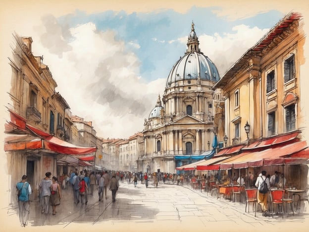 Auf dem Bild ist eine belebte Straßenszene zu sehen, die von charmanten, historischen Gebäuden umgeben ist. Im Hintergrund ragt eine große Kuppel auf, die vermutlich zur St. Peter's Basilica in Rom gehört, einem herausragenden Beispiel für Renaissancearchitektur und einem wichtigen kulturellen Wahrzeichen des Vatikans. Die Umgebung ist lebhaft mit Menschen, die flanieren oder in Cafés Platz genommen haben, während rote Markisen und Tischchen eine einladende Atmosphäre schaffen. Die Szenerie vermittelt ein Gefühl von italienischem Flair und kulturellem Erbe.