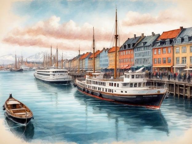Eine malerische Hafenlandschaft mit mehreren Booten und Schiffen, die sanft auf dem glitzernden Wasser treiben. Im Hintergrund sind farbenfrohe, historische Gebäude mit roten und blauen Fassaden zu sehen, die eine einladende Atmosphäre schaffen. Die Szenerie wird durch verschneite Berge im Hintergrund ergänzt, während der Himmel mit sanften Wolken überzogen ist. Diese Umgebung ist ideal für magische Winterkreuzfahrten in Städten wie Kopenhagen, wo die festliche Stimmung und die winterliche Kulisse die Besucher verzaubern.