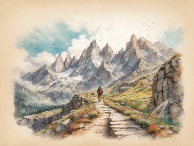 Auf dem Bild ist eine malerische Berglandschaft zu sehen, in der eine Person auf einem Wanderweg unterwegs ist. Die beeindruckenden Berge im Hintergrund und die blühenden Pflanzen am Rand des Weges laden zu Aktivitäten in der Natur ein.Möglichkeiten für Freizeitaktivitäten könnten sein:1. **Wandern**: Diese Umgebung ist ideal für Tageswanderungen oder mehrtägige Trekkingtouren.2. **Fotografieren**: Die schöne Landschaft bietet zahlreiche Fotomotive für Naturliebhaber.3. **Naturbeobachtung**: Hier kann man verschiedene Tier- und Pflanzenarten beobachten.4. **Camping**: In der Nähe der Berge gibt es mögliche Plätze, um zu campen und die Natur hautnah zu erfahren.5. **Bergsteigen**: Abenteuerlustige können die Gipfel erklimmen und die Aussicht genießen.Diese Aktivitäten fördern nicht nur die körperliche Fitness, sondern auch das Wohlbefinden in der Natur.