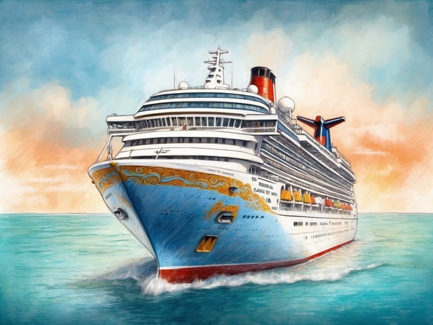Ein Kreuzfahrtschiff fährt durch ruhiges Wasser, umgeben von einem klaren Himmel, der in sanften Farben von Orange zu Blau übergeht. Das Schiff zeigt eine auffällige Lackierung mit goldenen und blauen Elementen und hat mehrere Decks mit Fenstern und bunten Lifttüren. Im Hintergrund sind sanfte Wellen zu sehen, die am Schiff entlang gleiten. Dieses Bild vermittelt das Gefühl von Urlaub und Abenteuer auf einer Karibik-Kreuzfahrt. Für solche Reisen sollte man über Impfungen gegen Krankheiten wie Hepatitis A, Hepatitis B, Typhus und Covid-19 nachdenken.