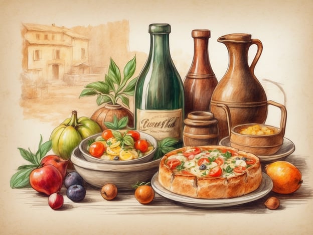 Auf dem Bild sind verschiedene kulinarische Genüsse der Toskana zu sehen. Im Vordergrund befindet sich ein herzhaftes Gericht, möglicherweise ein Focaccia oder eine Pizza mit Tomaten, Oliven und frischen Kräutern. Dazu gibt es eine Schüssel mit einer bunten Salatkomposition, die frische Tomaten, Oliven und Kräuter enthält.Im Hintergrund stehen mehrere Gläser und Krüge, die typischen toskanischen Wein oder Öl enthalten könnten, umgeben von frischen Obstsorten wie Äpfeln und Pflaumen. Die Szenerie vermittelt ein rustikales, ländliches Ambiente, das die Esskultur der Toskana perfekt widerspiegelt.